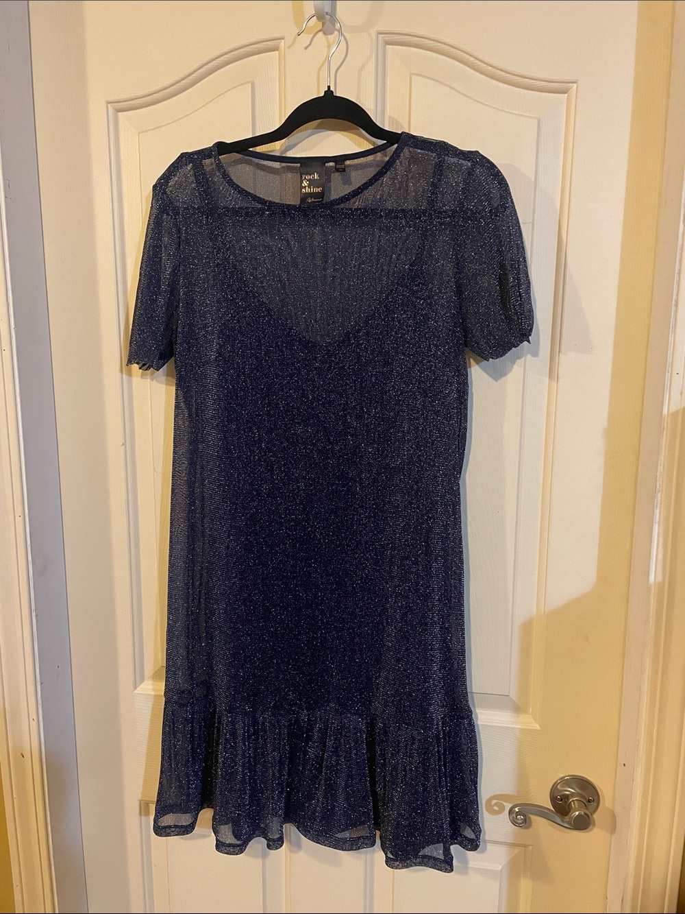Reitmans Navy Sparkle Sheer-Sleeve Ruffle-Hem Mini Dress
